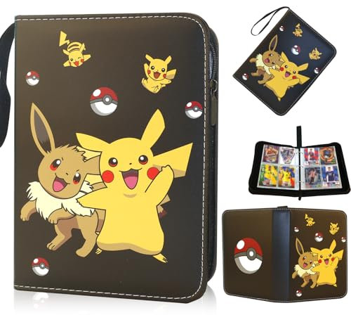 YFCHOTI Sammelkarten Album, 4 Taschen Karten Sammelalbum mit Reißverschluss Tragegriff und 50 Hüllen für 400 Karten, Wasserdichtes PU-Leder Sammelmappe Sammelheft Sammelbuch, 3-Ring Karten Heft Ordner