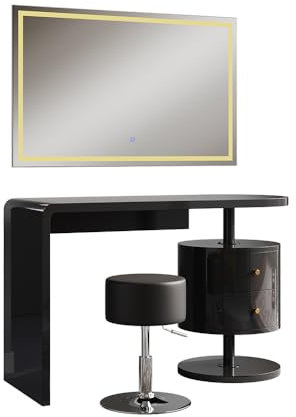 Vicco Schminktisch Lara, Schwarz Hochglanz, 120 cm mit LED-Spiegel und Hocker