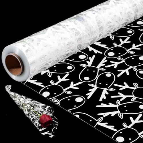 Weihnachts-Zellophanfolie, transparent: Transparente Zellophanfolie mit Elch-Aufdruck, 80 cm x 20 m, Geschenkverpackung, Zellophanrolle für Geschenkkörbe, Blumen, Kekse, Dekoration
