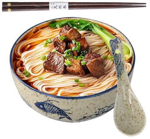 volumoon Ceramic Ramen Bowl Set, Noodle Bowl Ceramic, Ceramic Japanese Ramen Bowl Set, Vintage Ceramic Bowl with Spoons Chopsticks, Japanese Noodles Bowl, Salad Bowls for Pasta, Soup, Cereal Food
