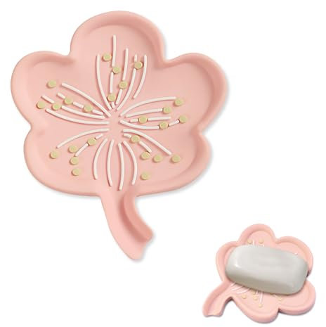 LuckyOpt Flower Cute Soap Dish, Artistic Silicone Soap Holder with Drain, Decorative Soap Dish for Bathroom Sink, Kitchen, Bathtub Soap Dish for Gift/Handmade Soap (Pink)
