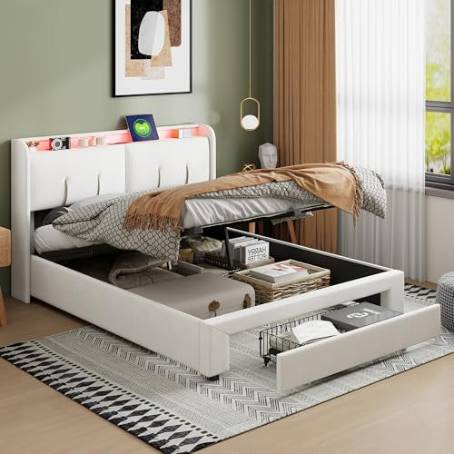 POYHKFD Doppelbett, 160 x 200 cm, Gitterbett aus PU-Leder, mit LED-Beleuchtung, 160 x 200 cm, Bettbeleuchtung, Handysteuerung, für Matratzen bis 30 cm (Beige, 160 x 200 cm)