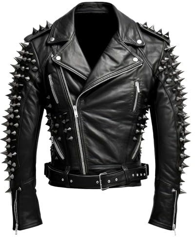Sumairah Herren-Motorrad-Jacke, Rock-/Punk-Spike-Nieten, Motorrad-Biker-Reißverschluss, Echtleder-Jacke, Schwarz - Echtleder, XL