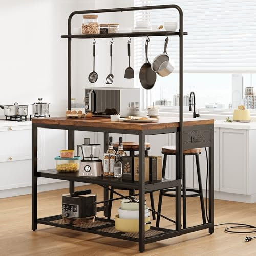 Jocoevol Isla de cocina con almacenamiento, estante para panaderos con toma de corriente, mesa de isla para cocina, estante de panaderos con almacenamiento, mesa grande de isla de cocina, mesa de bar