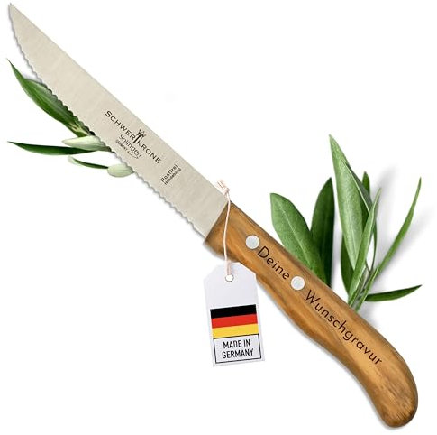 Steakmesser personalisiert, Olivenholz - Hochwertiges Solinger Steakmesser mit Wellenschliff als individuelles Geschenk