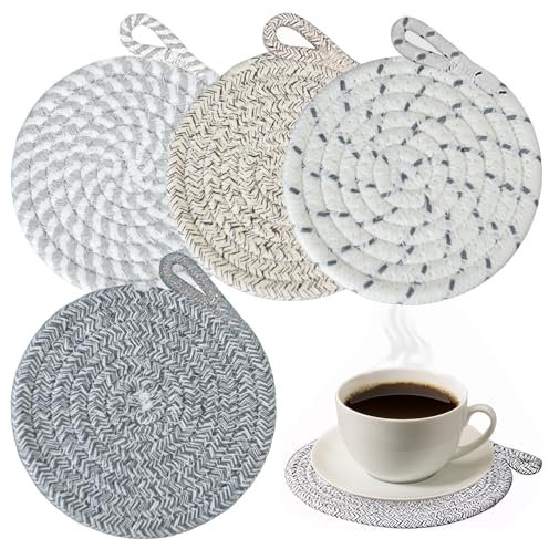 ATSGJLZN Topfuntersetzer Hitzebeständig,4 Stück Untersetzers Baumwolle, Untersetzer Topf Rund 20cm,Tassenuntersetzer für Kochen in Küche Schüssel Pfannen Kanne Und Teller (4 Farben)