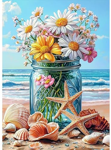 MAXBYE Flowers Daisy Diamond Painting Art Kits for Adults, 5D Beach Bottle Gem Cross Stitch DIY Full Drill Art Crystal Craft Kit for Beginner, Living Room Home Wall Decor 30x40 cm
