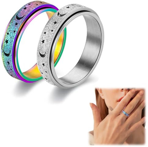 Anti-Stress-Ring für Herren, Anti-Stress-Ring für Damen, Edelstahl-Ringe, personalisierter Angstring, Sonne und Mond und Sterne, mit Samtbeutel (9-farbig + Silber)