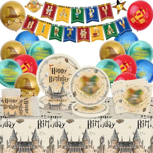 Wizard Vaisselle de Fête D'anniversaire, 50 Assiettes de Fête Magiques Wizard, Vaisselle D'anniversaire D'Harry, Magiques Anniversaire Kit inclure Assiettes Tasses Serviettesr Nappe Bannière Ballon