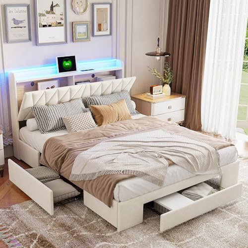 DULRLLY Bett 140x200 mit Stauraum Polsterbett Doppelbett mit LED Beleuchtung und 3 Schubladen, Kopfteil mit Staufach und USB-Ladefunktion,Stauraumbetten Funktionsbett Bett mit Lattenrost
