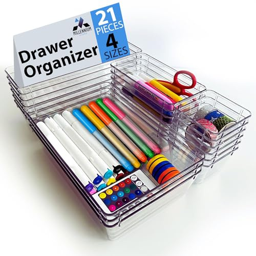 Millennium Store 21 Pack Clear Drawer Organiser Trays, Stackable Plastic Storage Boxes, Ideal for Kitchen, Office, Bathroom, Makeup organiser & Desk Drawer Organiser