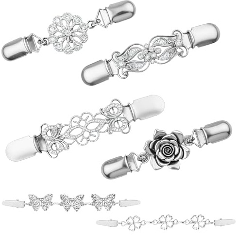 NewZC 6 Stück Damen Cardigan Clip Vintage Pulloverclips Silber Clothing Cinch Clips Silver Blusen klammer Verschlüsse Schließe Strickjackenclip Spangen für Mantel Kleidung Kleider Hemd Umhang Schals