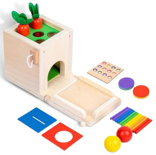 Zoelele 5 in 1 Montessori Spielzeug ab 1 2 3 Jahr, Holzspielzeug Motorikspielzeug ab 1 Jahr, Objektpermanenz Sortierspiel Holzpuzzle, Spiel-Kit-Box enthält Karotte Ernte Spiele, Münze Box und mehr