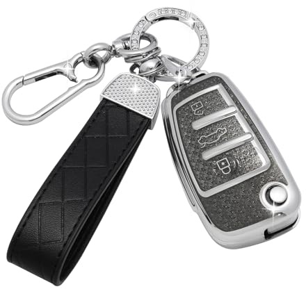 SparkleJoy Car Key Case with Leather Key Fob Compatible with Audi A1/A3/A4/A6/Q3/Q5/Q7/S3/R8/TT/Seat 3 Button Key, TPU Silicone Protective Cover - Flip Key
