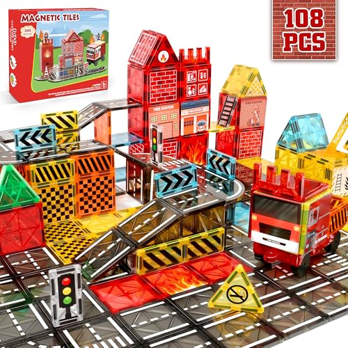 YOOHBERRYS Magnetische Bausteine Straßenset, 100PCS Ausfahrbarem Magnetisches Straßenset, Magnetbausteine Straße Set mit Feuerwehrfahrzeug und Building Fliesen, Magnet Spielzeug Kinder ab 3 4 5 Jahre