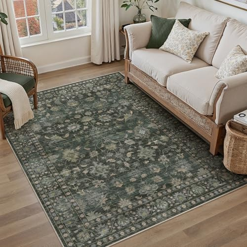 PureCozy Teppich Wohnzimmer 120x170cm Waschbarer Teppiche,Grün | Blumenmuster,Waschbar, Rutschfest, Kurzflor, Weich, Schlafzimmer, Esszimmer, Büro, Flur, Kinderzimmer