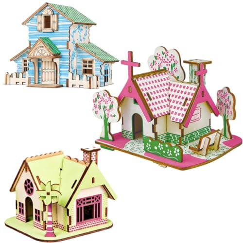 HAUZMLL 3PCS 3D Puzzle Holz Stil Haus Modellbau Für Dekoration, DIY Holzpuzzle Modellbausatz Basteln Geschenke Für Männer Und Frauen