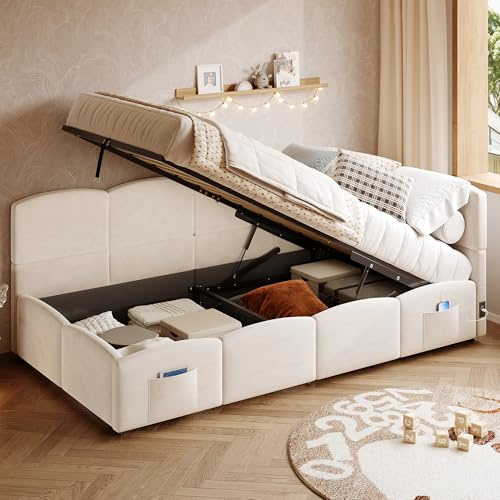 3ft Single Daybed with Charging Station, Hydraulic Gas Lift Upholstered Ottoman Bed Frame with Storage & Slats, Guest Bed Sofa Beds For Adults Children Teenagers, Velvet, Beige, No Mattress, 90x190cm