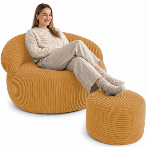 Bananair - Sitzsack für Wohnzimmer aus Cord, XXL Bean Bag Chair, Weich & Elegant - Maschinenwaschbarer Bezug - Ideal für Wohnzimmer, Schlafzimmer, für Erwachsene & Jugendliche (110 × 100 cm, Senfgelb)