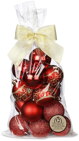 DecoLite Christbaumkugeln Kunststoff, 6 cm, 16er Set, Rot | Weihnachtskugeln aus recyceltem PVC, bruchsicher, matt, glänzend & glitzernd, für Baum, Kranz & Tischdeko