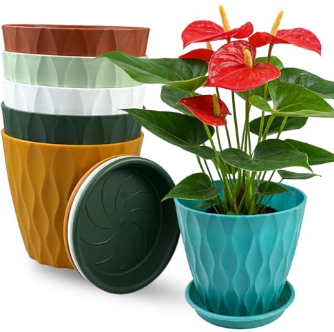 TEYIAN 6 Pack Plastic Plant Pots 15cm/6-in Flower Pots with Drainage Holes and Tray Modern Decorative Planter Pot Indoor Outdoor Planters for All House Plants(6 Colour)