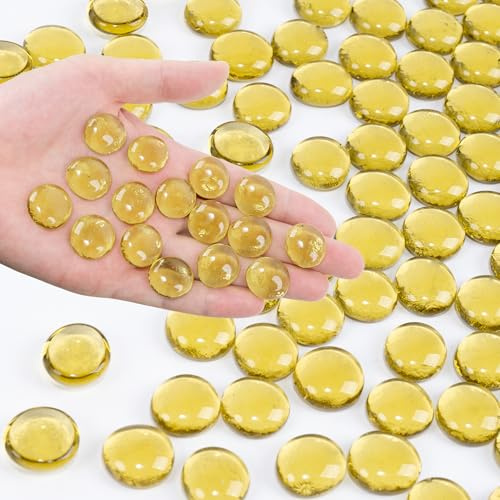 Foncomy Yellow Flat Glass Marbles, 440g Vase Filler Pebbles Gems, Decorative Glass Beads for Vases, Crafts, Floral, Mancala Stones, Centerpieces, Aquarium Rocks for Fish Tank(Approx. 80-100 PCS)
