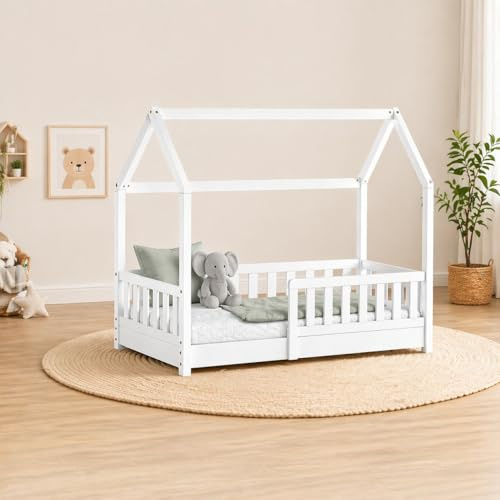 Easy Act Kinderbett Haus aus Massivholz – Bodenbett mit Rausfallschutz & Lattenrost – Hausbett Kinder Holz Bettgestell für Mädchen & Jungen ab 3 Jahre (Weiß, 70 x 140 cm, ohne Matratze)