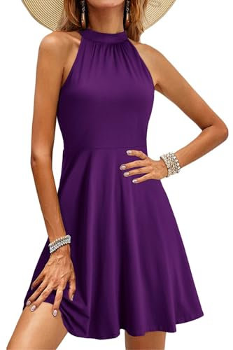 OUGES Women's Stand Collar Off Shoulder Sleeveless Cotton Casual Dress, Purple, XXL