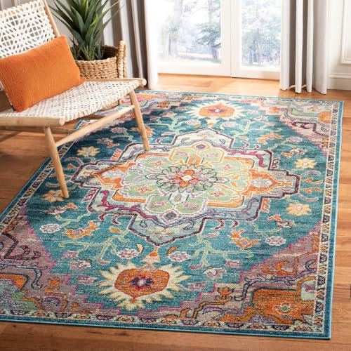 Safavieh Tapis bohème pour Salon, Salle à Manger, Chambre à Coucher - Collection Crystal - Poils Courts - Bleu Sarcelle et Rose - 152 x 244 cm