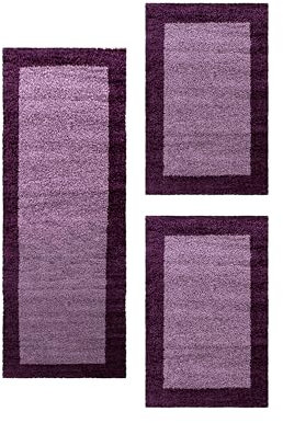 HomebyHome Bettumrandung Schlafzimmer 3 teilig Teppich Lila - Waschbarer Bettumrandung Teppich Läufer Set Extra Flauschig Bettvorleger Schlafzimmer Bettset:2 St. 60x110 cm | 1 St. 80x250 cm