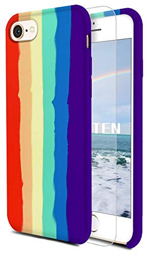 Feyten Compatible with iPhone 8 / iPhone 7 Case [with Tempered Screen Protector], Liquid Silicone Gel Rubber Soft Touch Cover Full Protective Case for iPhone 8 / iPhone 7 4.7 Inch (Rainbow)
