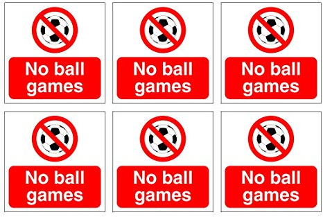 Set of 6 Stickers. No Ball Games Signs. Ideal for lamp Posts. Self Adhesive. Each Sticker is 120mm x 120mm.