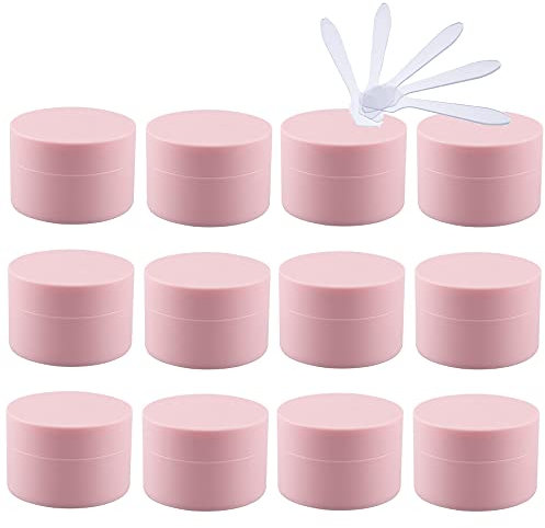 TIANZD 12 Pieces 50ml Matte Pink Empty Plastic Cosmetic Jars with Screw Lid Inner Liner 50g Small Containers for Homemade Cream Gel Lip Balm Salve Storage Pot with 6x Spatula