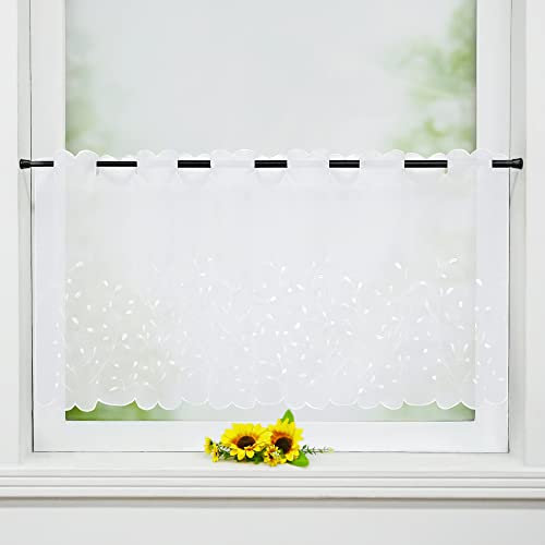 Delien Voile 1 stück Scheibengardinen Kurzgardinen Stickerei Bistrogardine »Grünland« Transparente Kurzstores Durchstangenzug Kurzvorhang mit Grasmuster Blattmuster für Küche BxH 140x60cm,Weiß