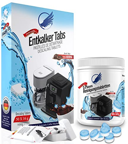 Pflegeset für Kaffeevollautomaten & Kaffeemaschinen. 2-Phasen Reinigungstabletten 40 Stück a 3,5g & Entkalkungstabletten 50 x 16g kompatibel mit Jura Siemens Bosch uvm Made in Germany