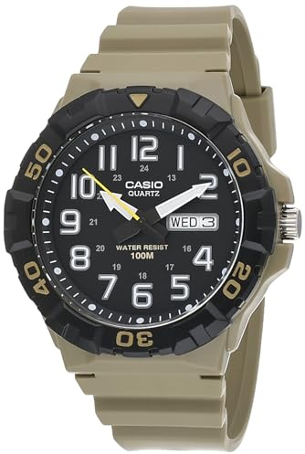 Casio MRW210H Series | Men's Analog Watch | Beige/Black | Sporty Design | 100 Meter Water Resistance | Date Display | Rotary Bezel | Regular Time Keeping (HR, Min, SEC, PM, Date, Day) | 3 Year Battery