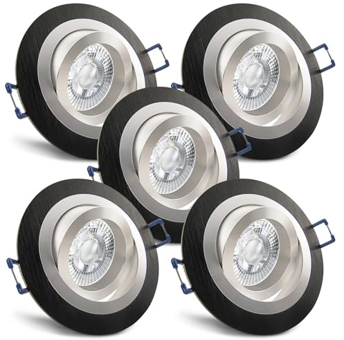 trendlights24 Noble LED Einbaustrahler flach Alu Schwarz 230V 5er Set 5W | extra flach, Einbautiefe 35 mm, LED Spots, Warmweiß, 3000k, 50° Abstrahlwinkel, Decken Einbauleuchte, rund, schwenkbar