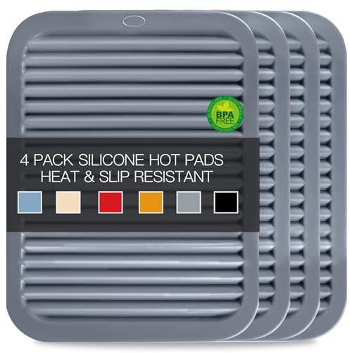 4 PCS Silicone Trivet for Hot Dishes, Hot Pads Trivets Mat for Hot Pots and Pans, Heat Resistant Silicone Hot-Mats, Pot Holders Jar Opener Tables-Mats for Countertop Drying Mat (Grey)