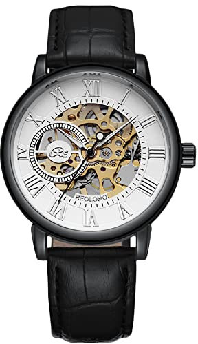 rorios Herrenuhren Mechanische Automatikuhr Leuchtende Uhren mit Lederband Skelett Militär Armbanduhr