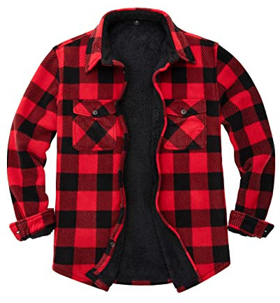 ZENTHACE Herren-Flanellhemdjacke mit Sherpa-Futter, Fleece, kariert, mit Sherpa-Fleece gefüttert, warm, Buffalo Plaid rot, Large