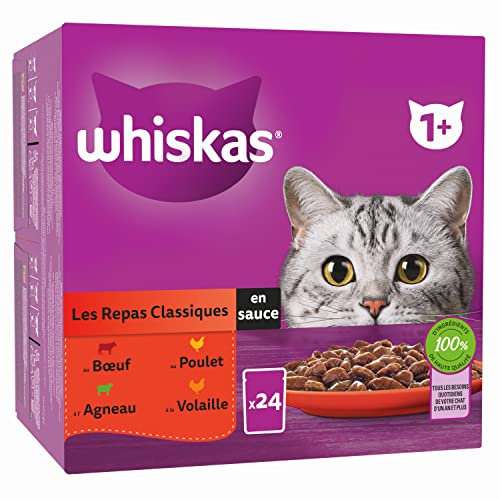 WHISKAS Repas pour Chat - 48 Sachets Fraîcheur (Lot de 2 Packs 24x85g) - Les Repas Classiques (4 variétés) - Pâtée pour Chat Adulte en Sauce. Nourriture Humide Complète Adaptée aussi Chats Stérilisés