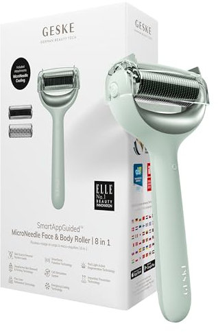 GESKE | SmartAppGuided™ MicroNeedle Face & Body Roller | 8 in 1 | Derma Roller | Elektrisches Microneedling | Nadelroller | Needleroller | Beauty Roller für Gesicht und Körper | kühlender Aufsatz