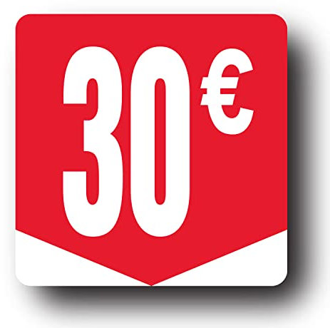 Affichesstore 30273 - Rouleau de 500 Étiquettes Autocollantes 30€ - Format Carré 35x35mm - Brillantes - Adhésives - Stickers Prix Ronds Euros