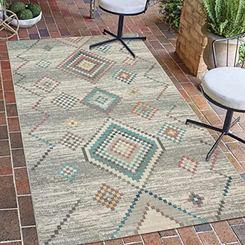 In- & Outdoor Teppich für Terrasse oder Wohnzimmer mit Rautenmuster Creme-grün, 80 x 150 cm