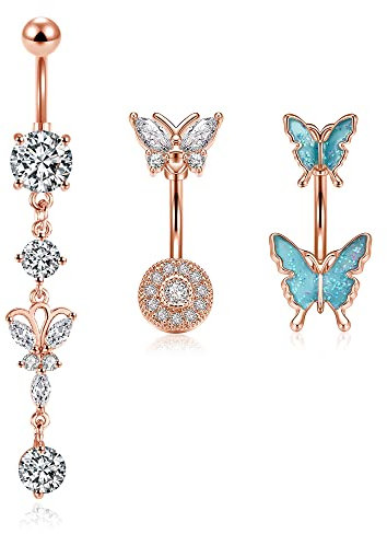 JSDDE 3er Bauchnabelpiercing Ring aus Edelstahl 14ga 10mm Schmetterling CZ Bauch Piercing Bauchnabelringe Bananabells Körperpiercing Rosegold
