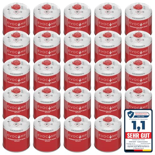 EVOCAMP 24x Propan Butan Gaskartuschen 450g einsetzbar für Weber Grills Q100/1000-Serien, Schraubkartusche Eurogewinde 7/16, Ventilkartusche 809ml mit Sicherheits-Verschlussautomatik