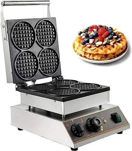 MAXCBD Gaufrier Rond électrique, 4pcs Professionnel antiadhésif gaufrier Boulanger avec contrôle de la température et du Temps, gaufrier Belge en Acier Inoxydable Boulanger