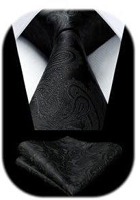 HISDERN Krawatten für Herren Schwarz Extra Lange Krawatte mit Einstecktuch Set Paisley Herrenkrawatte und Taschentuch Formelle Hochzeit Schlips Männer