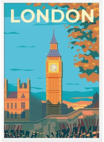 JUNOMI® London Poster XL, DIN A2 Wohnzimmer Deko, Modernes Wandbild, England Bild, Reiseposter, London Wandbild | Mit Rahmen Weiß