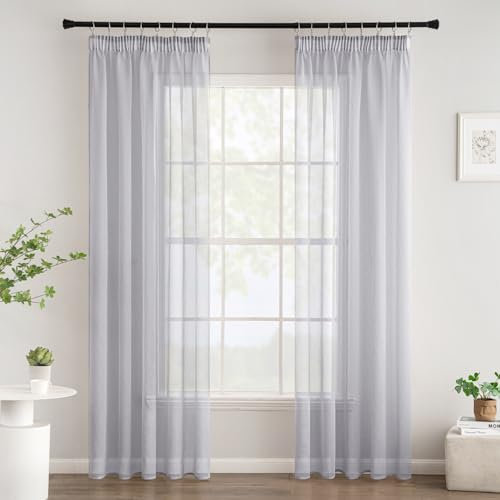 Woaboy Gardinen mit Kräuselband Voile Vorhänge Wohnzimmer Transparent Sheer Curtains Stores Gardine Schlafzimmer Modern Schlaufengardinen 2er Set 140x245cm (BxH) Grau